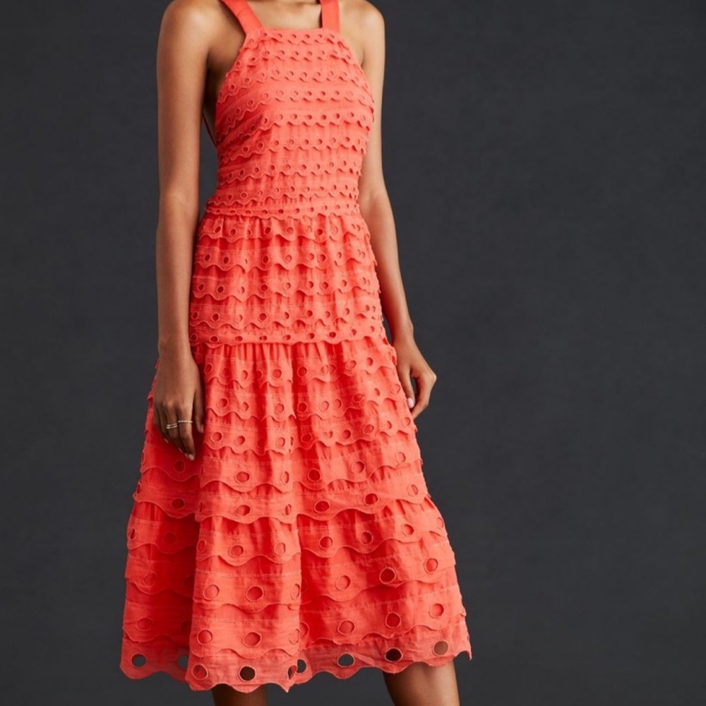 Anthropologie Red Tiered Ruffled Midi Dress NWT